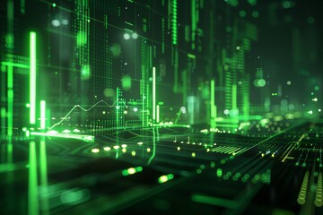 Obraz premium Futuristic green data visualization background with a data science theme, featuring a green and black color scheme, including chart lines and bar graphs, ideal for presentations.