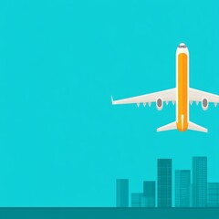 Naklejka premium A stylized airplane flying over a city skyline against a blue background.