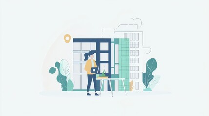 A modern workspace scene showcasing a person working on a laptop in an inspiring environment filled with greenery.