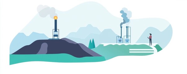Naklejka premium A landscape showcasing industrial sites with smokestacks and a lone figure, highlighting environmental impact and energy production.