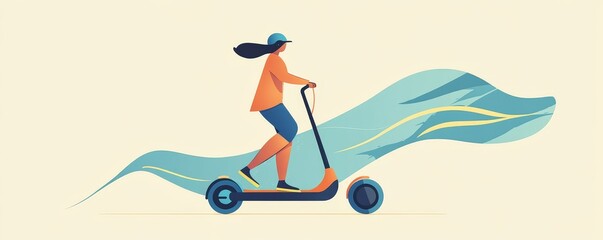 A young woman riding a scooter with a flowing scarf, representing freedom and fun in urban transportation.