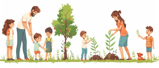 Family Gardening Together in a Colorful Scene