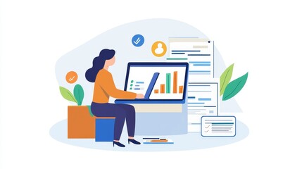A woman working on a laptop, analyzing data with charts and graphs, surrounded by plants in a modern office setting.
