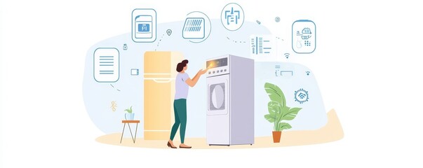 A person interacting with a modern refrigerator while accessing smart features and apps related to food management.