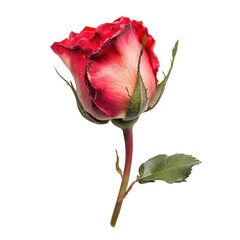 High resolution image of a red rose with green leaves on transparent background