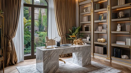 A refined Hollywood Regency home office with a sleek marble desk