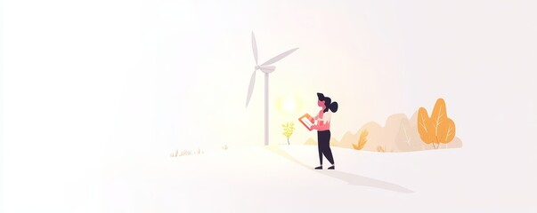 A person examines a wind turbine in a tranquil landscape, promoting renewable energy and sustainability.