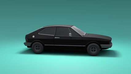 Cool looking old fashion car, side view studio render on green background. Modern car design. 3d illustration.