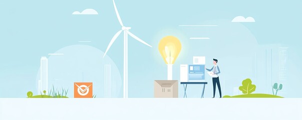 A professional engineer analyzes renewable energy innovations with wind turbines and a clean technology setup in the background.