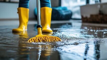 Fototapeta premium Person in rubber boots mopping a flooded floor 