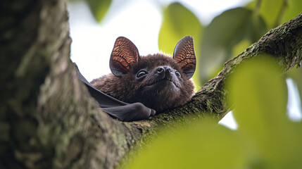 Fototapeta premium A bat resting upside down in a tree during daylight.