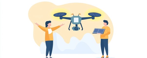 Two individuals discussing a drone while one holds a remote control and the other gestures towards the flying device.