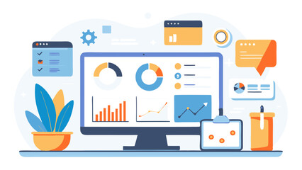 Illustration of remote work dashboard with data charts and task tracking.