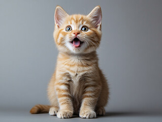 A small orange kitten with white whiskers and a curious expression. It has large eyes and a cute face.
