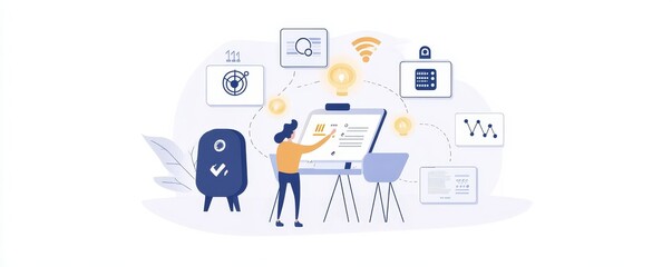 Fototapeta premium A creative workspace illustration featuring a person presenting ideas on a digital board surrounded by various icons.