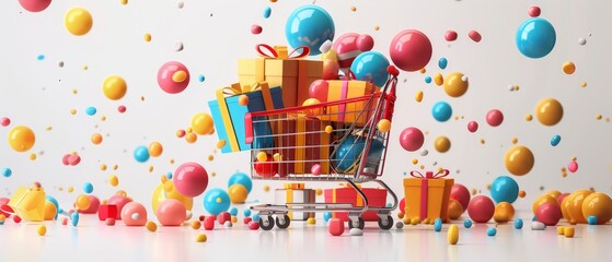 Colorful Shopping Cart with Gifts and Bubbles Background