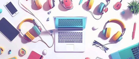 Colorful Workspace with Tech Gadgets and Accessories