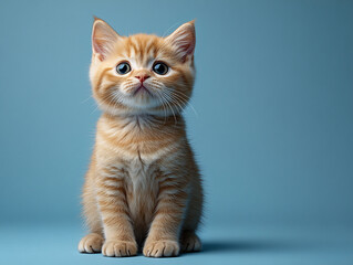 Obraz premium A small orange kitten with white whiskers and a curious expression. It has large eyes and a cute face.