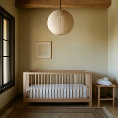 A serene nursery featuring a wooden crib and minimalist decor.