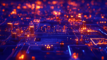 Fototapeta premium Miniature conceptual city on an electronic board in a network of cybernetic connections