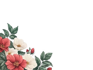 Obraz premium Vintage Floral Border with Red and White Flowers and Green Leaves on Transparent Background 