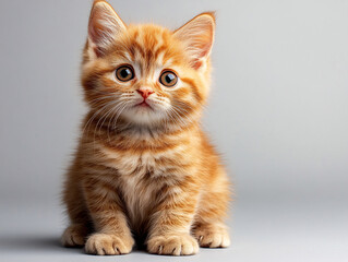 A small orange kitten with white whiskers and a curious expression. It has large eyes and a cute face.