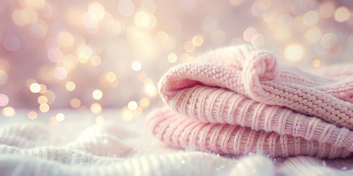 Soft pink wool garments elegantly displayed against a pastel backdrop, featuring a dreamy bokeh effect, perfect for highlighting fashion and text details.