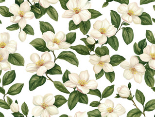Seamless Floral Pattern with White Flowers and Green Leaves on Transparent Background
