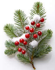 Fir branch, with branches of red berries and snow, isolated on white background