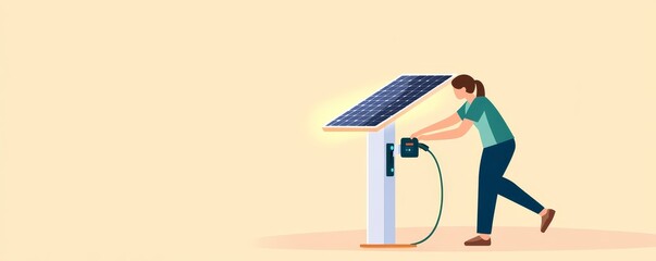 Fototapeta premium A person connects a solar panel to a power source, showcasing renewable energy and sustainable living practices.