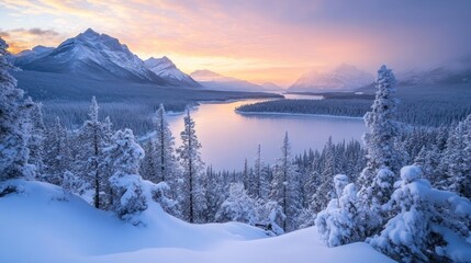 Snow-Covered Forest and Mountains at Sunrise Over a Lake
