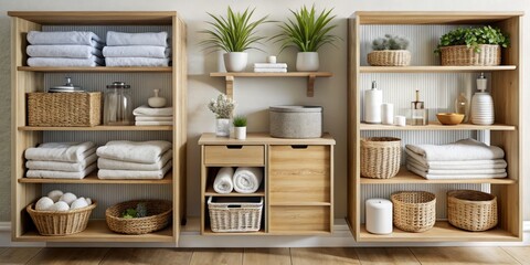 Fototapeta premium Stylish Scandinavian bathroom cabinet featuring shelves and baskets, perfect for organizing towels and toiletries while adding a chic touch to your bathroom decor.