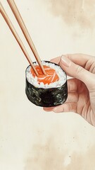 Watercolor Japanese Salmon Sushi and shoyu sauce on color background,Nigiri Sushi Set,tasty japanese sushi Hand drawn illustration,Sashimi,maki,egg shrimp,rolls,menu restaurant,copy space.
