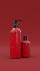 Elegant cosmetic bottles with label closeup on red background. Modern cover design. 3d illustration.