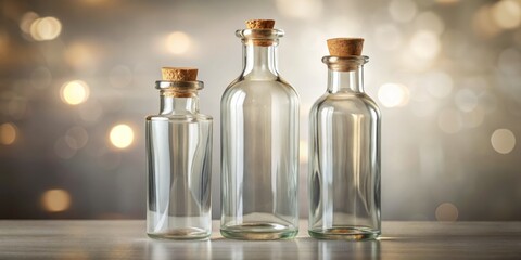 Three Elegant Glass Bottles with Cork Tops Against a Soft Background, Showcasing Transparency and Simple Sophistication for Home Decor and Minimalist Aesthetics