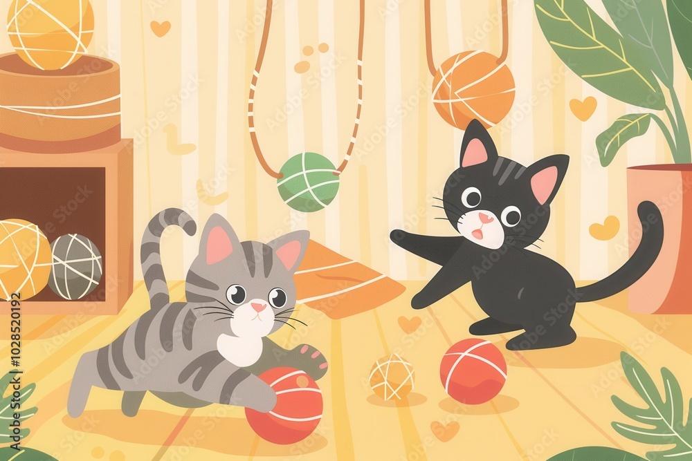 Poster two cheerful cats are happily playing with vibrant balls and tangled yarn in a warm and inviting ind