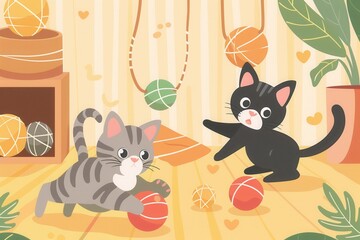 Fototapeta premium Two cheerful cats are happily playing with vibrant balls and tangled yarn in a warm and inviting indoor environment. Generative AI