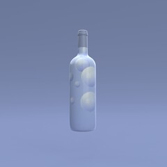 Elegant levitate wine bottle with label on blue background. Modern cover design. 3d illustration.