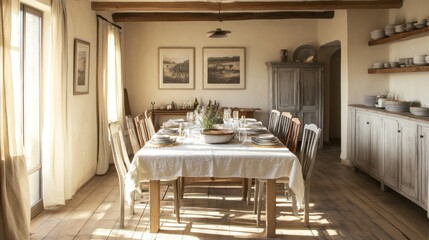 A Rustic Farmhouse Dining Room with Set Table