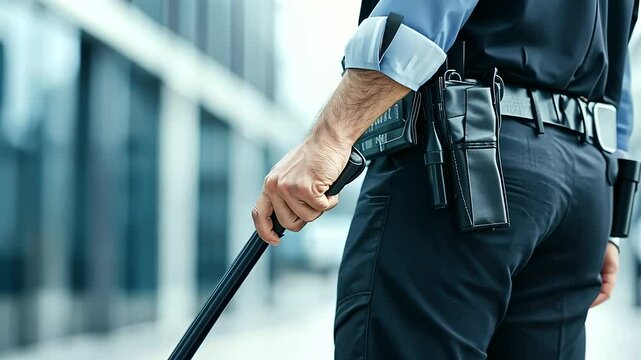 Law Enforcement Gear. Closeup of a Policeman Holding a Black Baton, Highlighting Security Equipment and Uniform for Street Duty and Crime Prevention