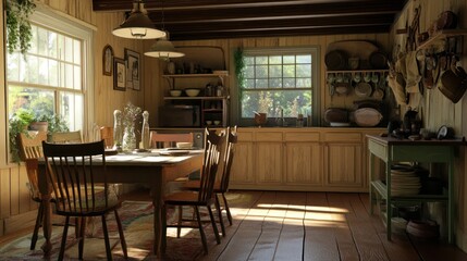 Rural Kitchen with Wooden Table and Chairs