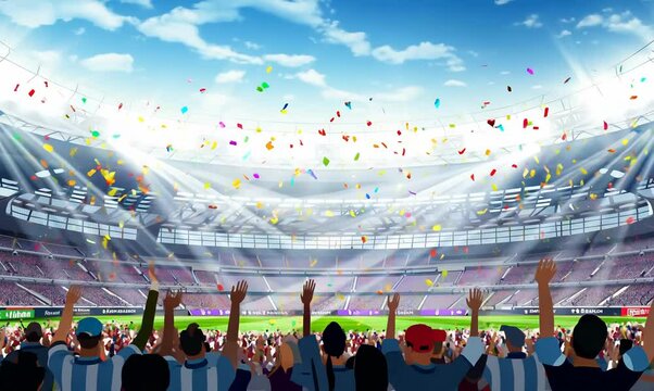 empty stadium arena celebration with confetti and animated fans