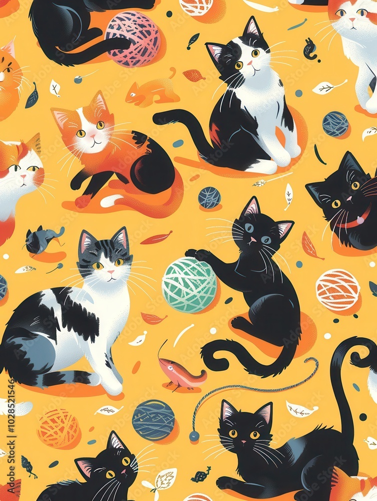 Aufkleber a lively bunch of cats plays joyfully with various toys and colorful yarn balls, creating a cheerful