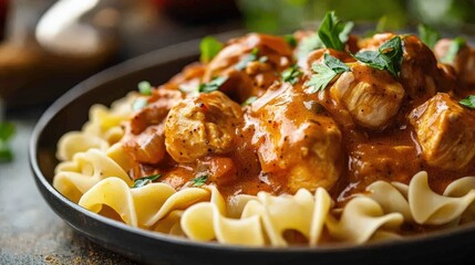 Chicken Paprikash: Hungarian Stew with Noodles and Paprika Sauce, Close-Up Shot