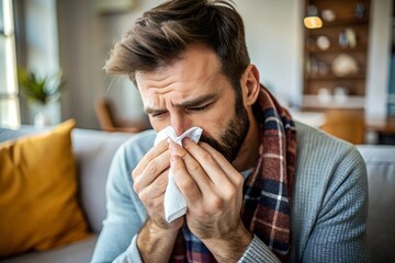 Man with runny nose blows her nose into handkerchief. Male holding paper tissue to snivel, sickness and flu. Illness or allergy symptom, health problem. Stuffy or watery discharge from nose