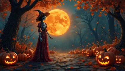 Pumpkin lantern in Halloween mystery card, bat flies around. Holiday greeting for autumn party, eerie house in background.