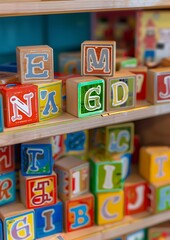 A set of alphabet blocks arranged neatly on a classroom shelf ready for young learners to begin their lessons