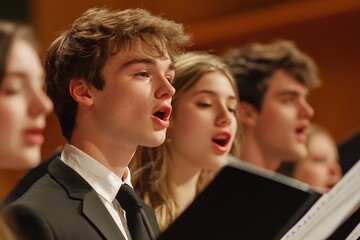 Choir Performance: Male and Female Students Sing in a School Choir with Teacher