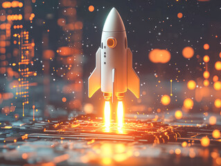 Obraz premium A white rocket is flying through a cityscape with bright orange lights