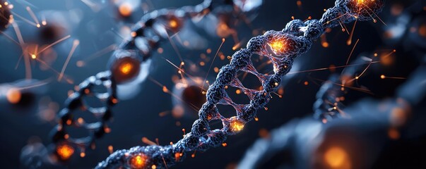 A close-up view of a DNA strand showcasing intricate details and glowing elements, representing genetic science and innovation.